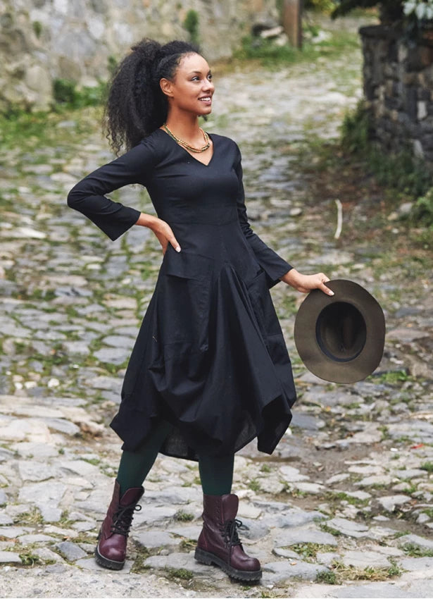 Boho Big Pockets Tie Waist V Neckline Black Dress