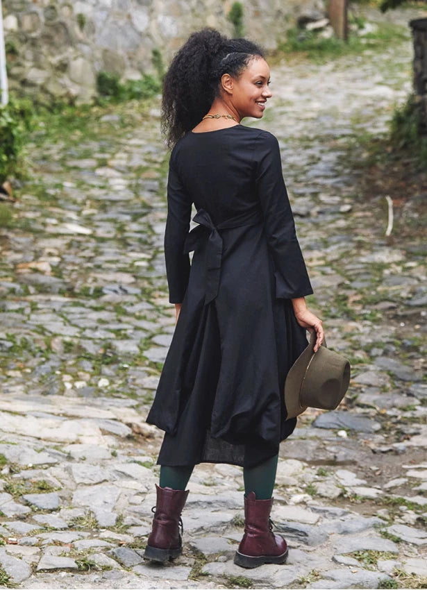Boho Big Pockets Tie Waist V Neckline Black Dress