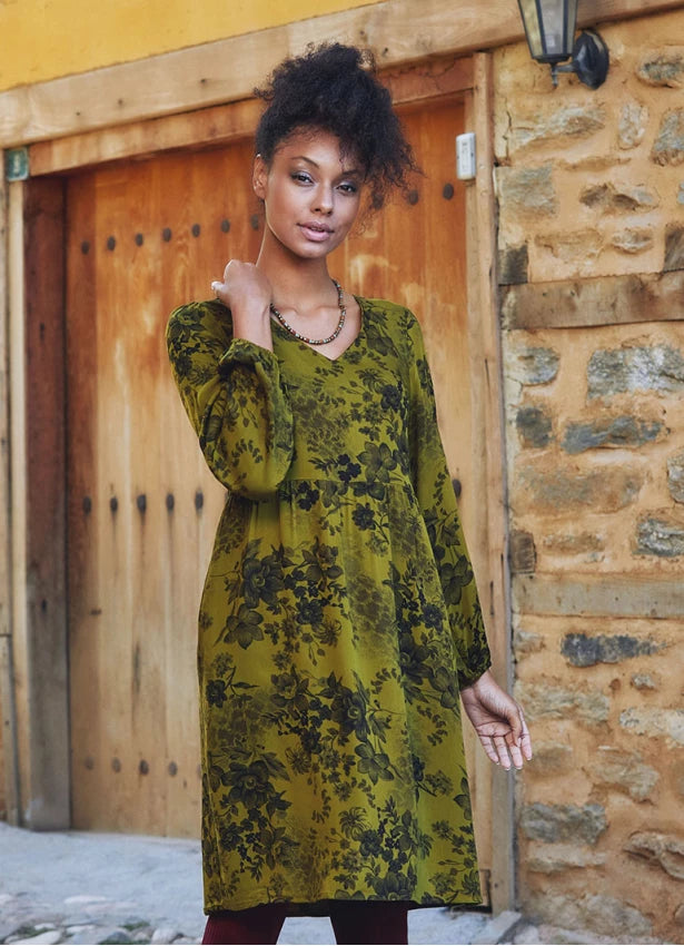 V Neckline Boho Style Long Sleeve  Floral Print Short Dress