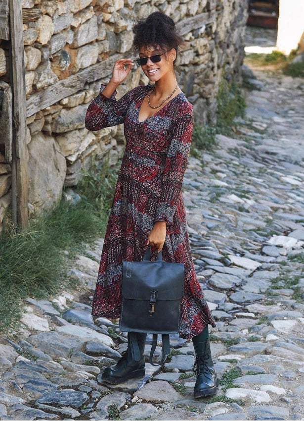 Boho Style Ruffle Sleeve Ethnic Print Midi Dress