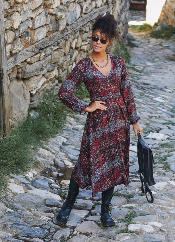 Boho Style Ruffle Sleeve Ethnic Print Midi Dress
