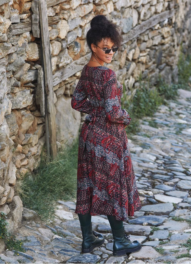Boho Style Ruffle Sleeve Ethnic Print Midi Dress