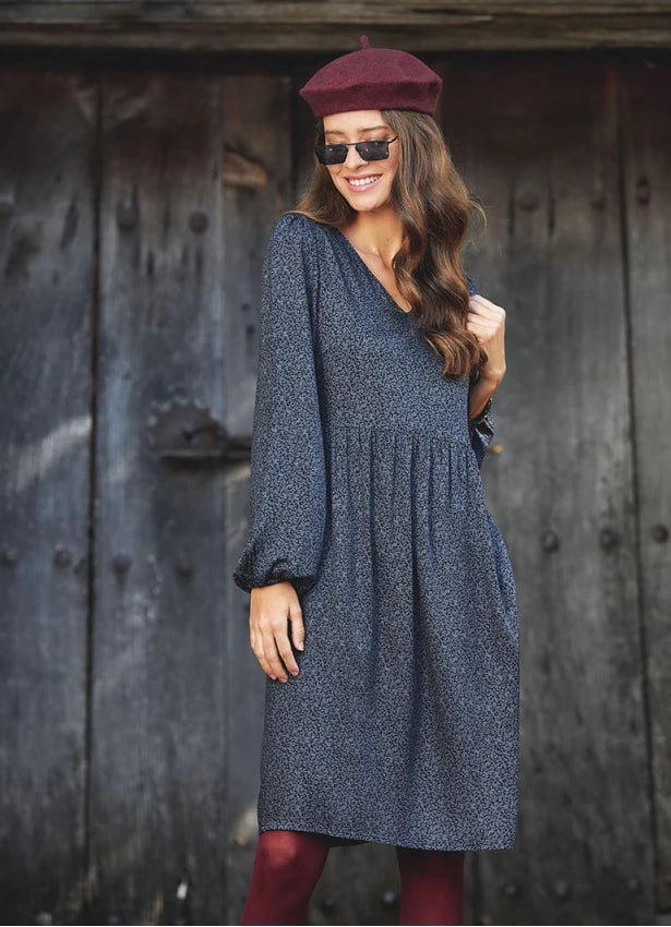 V Neckline Boho Style Long Sleeve Gray Short Dress