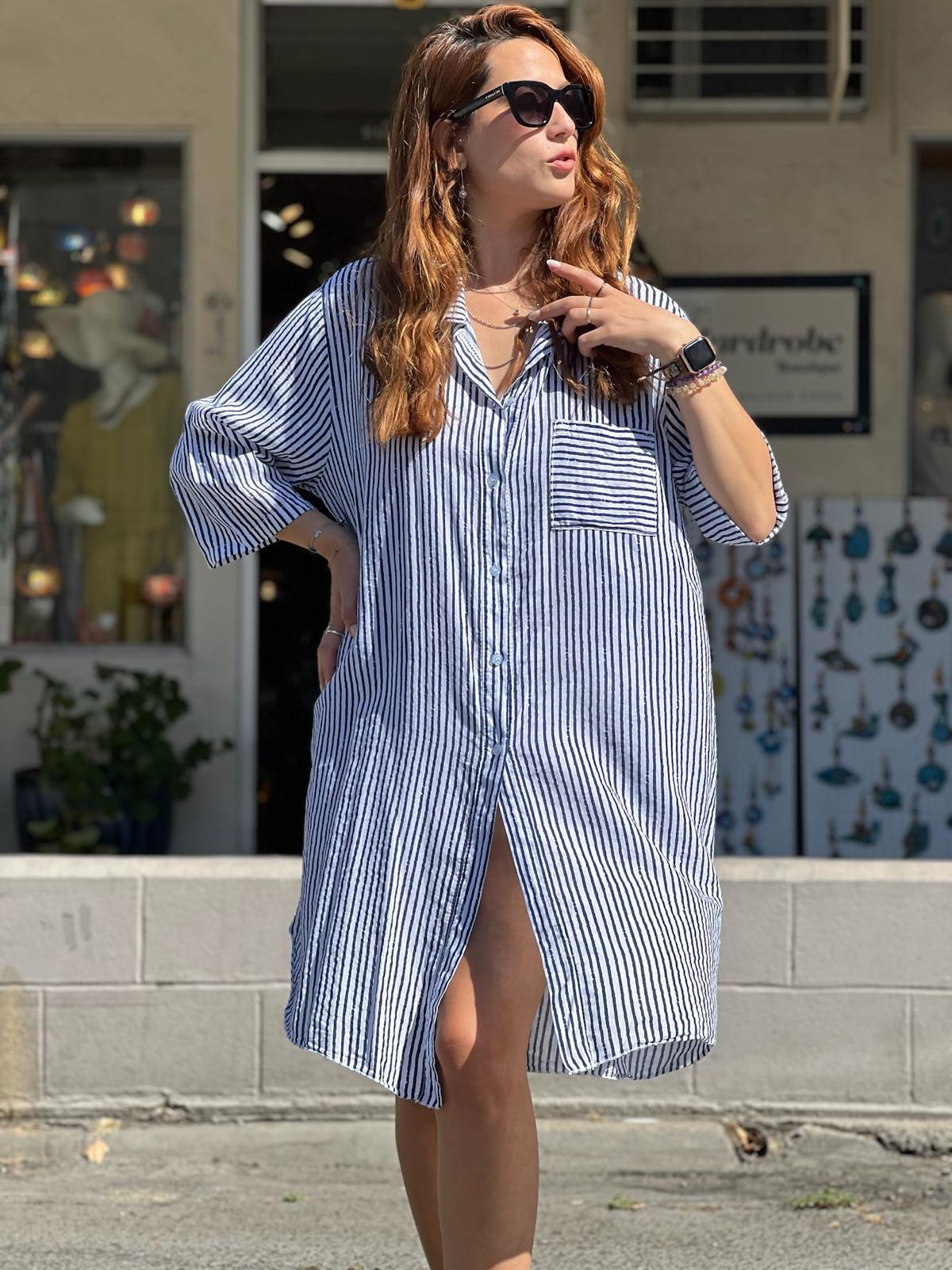Navy Blue Striped Shirt Dress