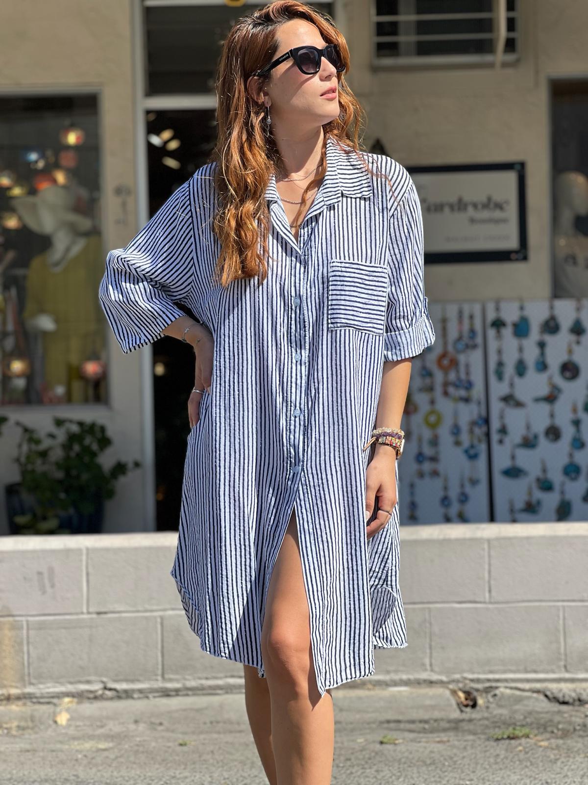 Navy Blue Striped Shirt Dress