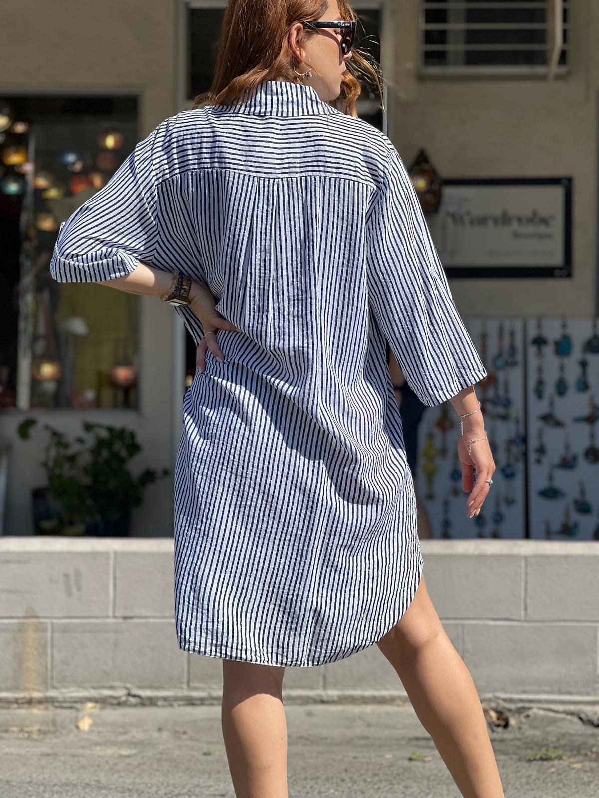 Navy Blue Striped Shirt Dress