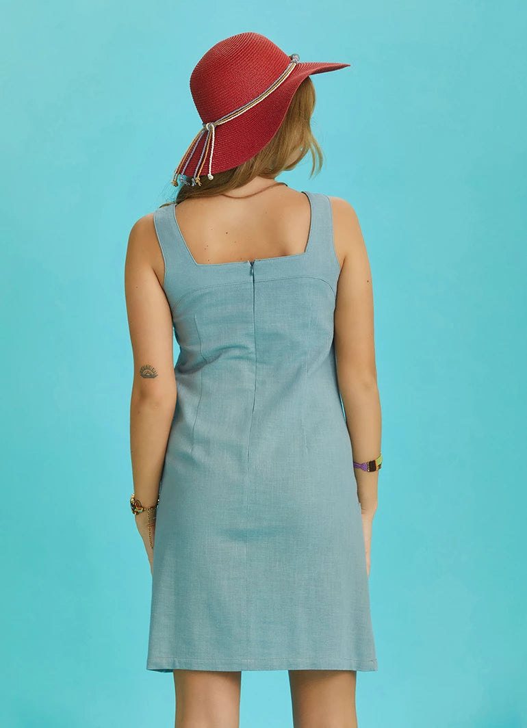 Square Neck Pocket Zipper Strap Mini Blue Dress