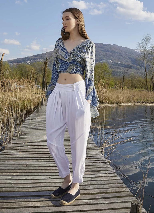 Slim Leg White Pleated Trousers
