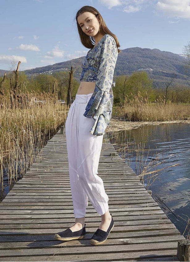 Slim Leg White Pleated Trousers