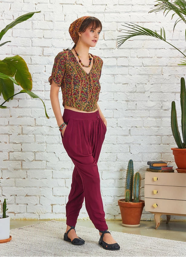 Slim Leg Maroon Pleated Trousers
