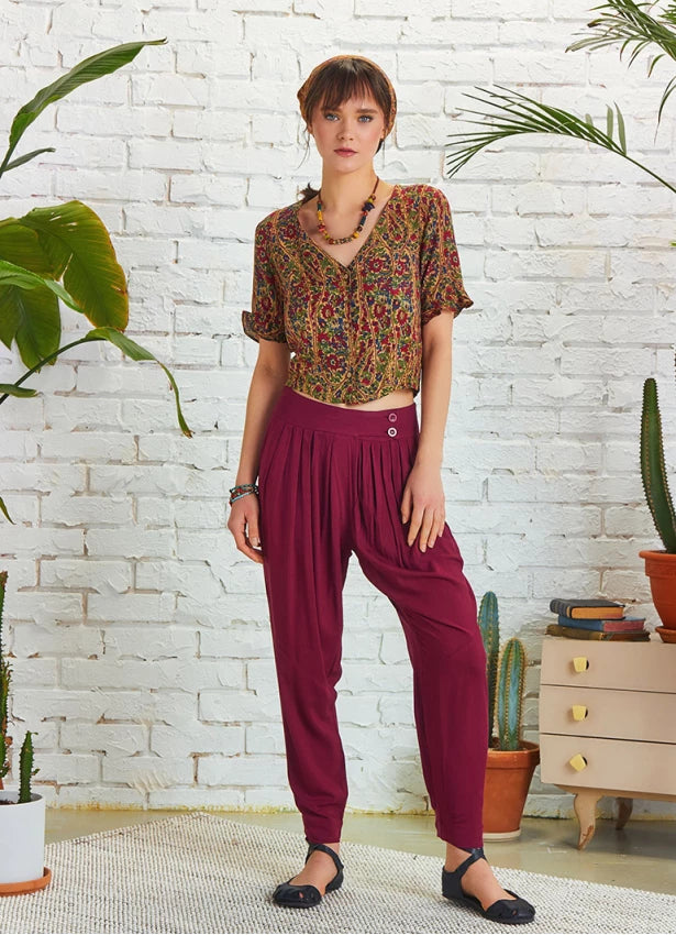 Slim Leg Maroon Pleated Trousers