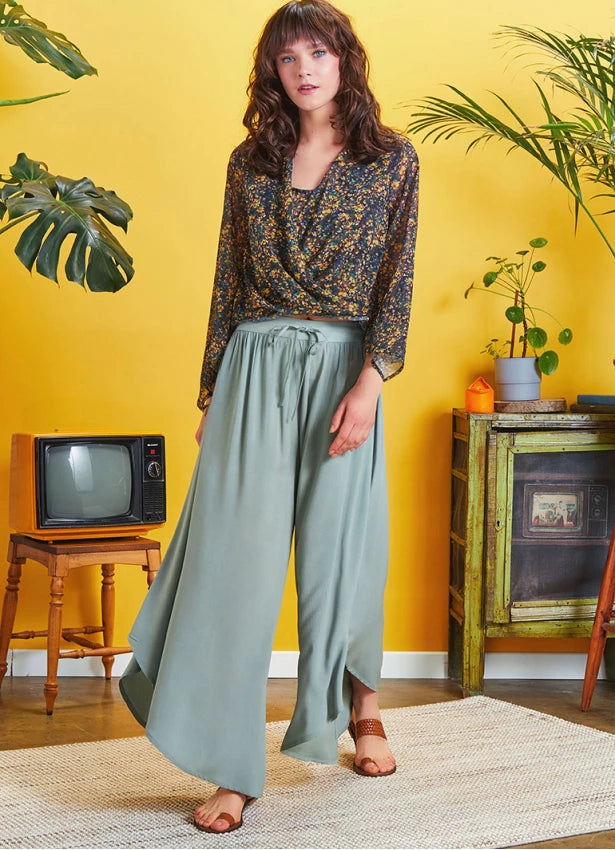 Boho Style Draw String Green Wide Leg Loose Pants