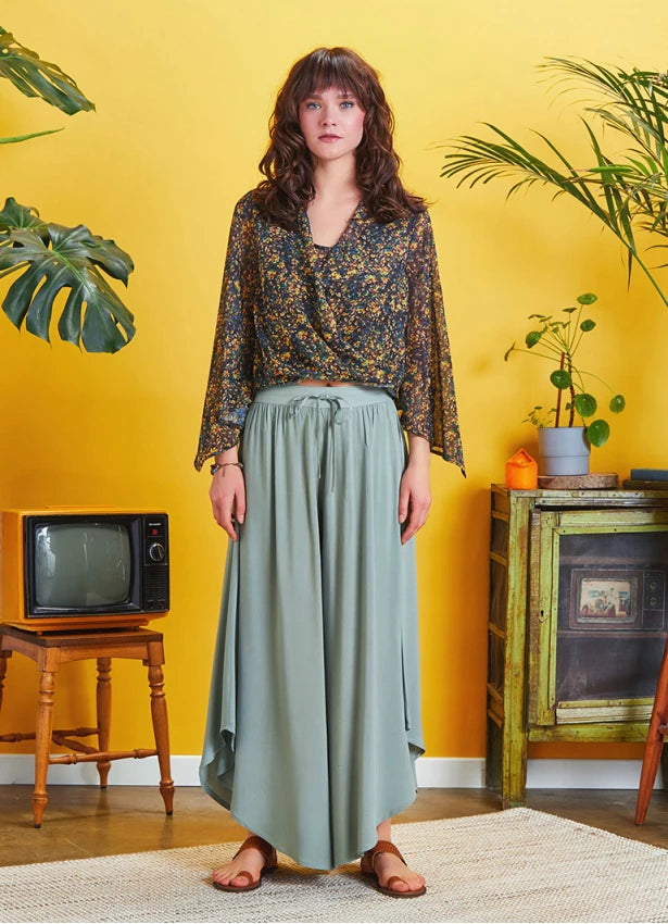 Boho Style Draw String Green Wide Leg Loose Pants