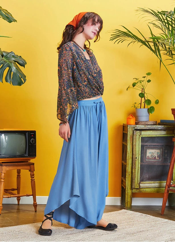 Boho Style Draw String Blue Wide Leg Loose Pants