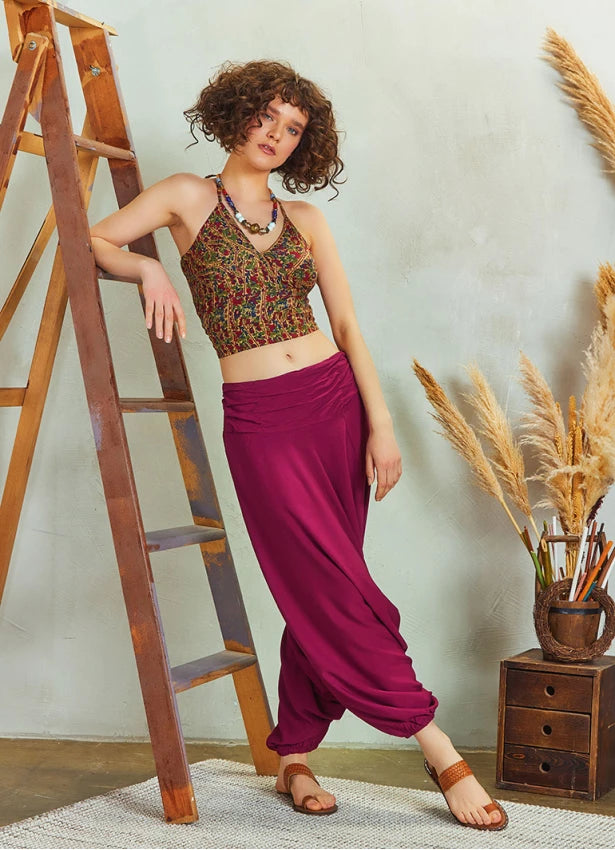 Draped Front Detail Elastic Waist Maroon Salwar Pants