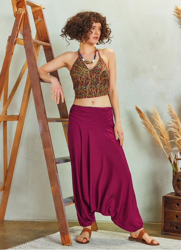 Draped Front Detail Elastic Waist Maroon Salwar Pants