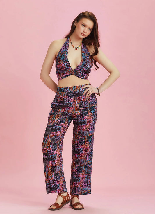 Straight Leg Lilac Patterned Elastic Waist Trousers