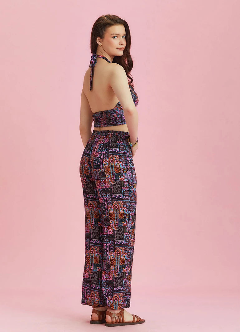 Straight Leg Lilac Patterned Elastic Waist Trousers