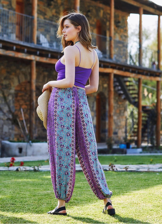 Elastic Waist and Hem Mid Rise Harem Pants - Floral