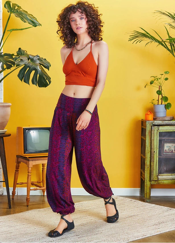 Elastic Waist and Hem Mid Rise Harem Pants - Purple