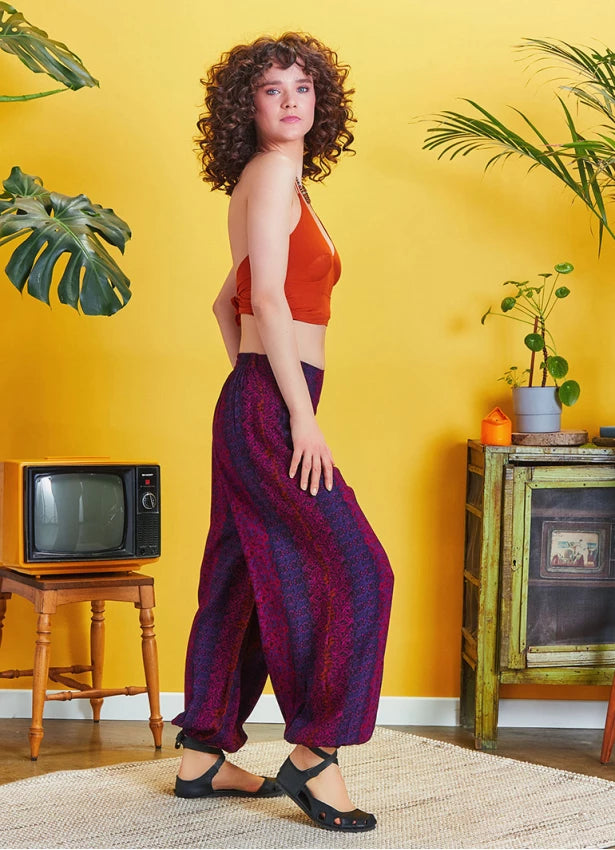 Elastic Waist and Hem Mid Rise Harem Pants - Purple