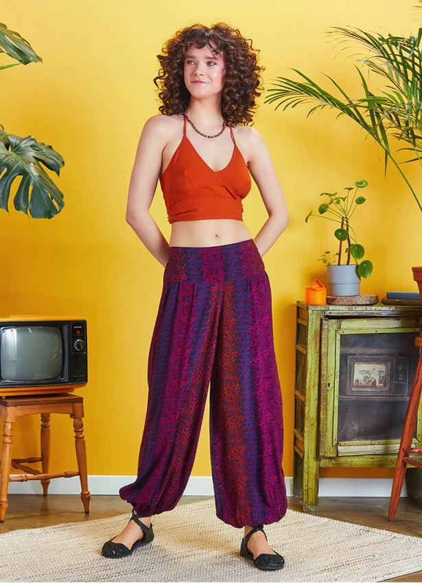 Elastic Waist and Hem Mid Rise Harem Pants - Purple
