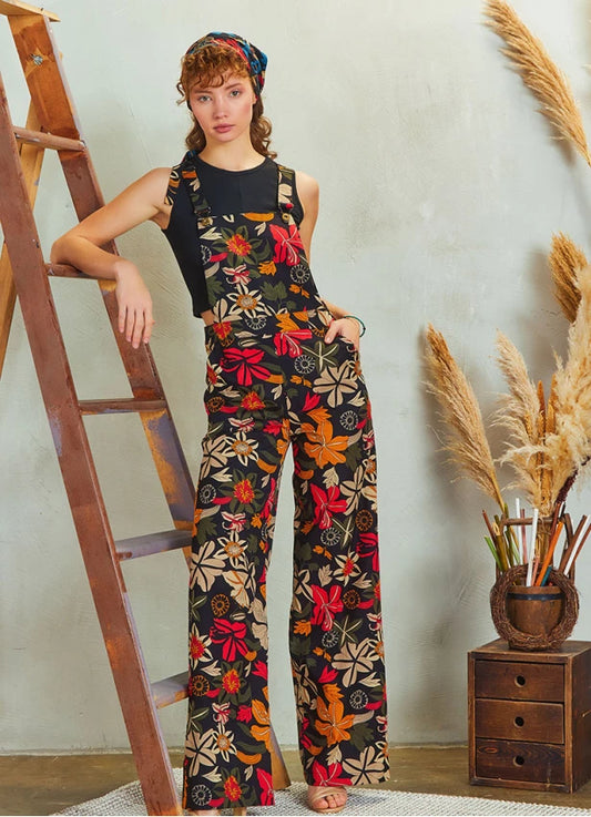 Adjustable Buckle Straps Jumpsuit Pants Floral Print