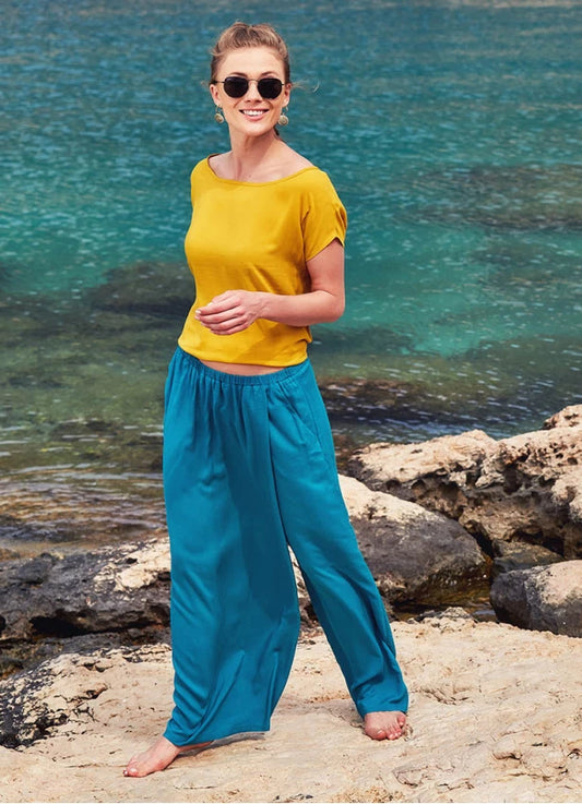 Wraped Front Elastic Waist Flowy Pants Petrol Blue