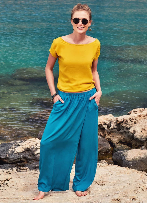 Wraped Front Elastic Waist Flowy Pants Petrol Blue