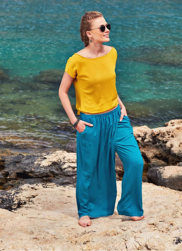 Wraped Front Elastic Waist Flowy Pants Petrol Blue