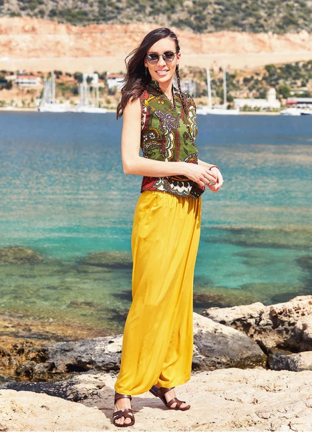Wraped Front Elastic Waist Flowy Yellow Pants