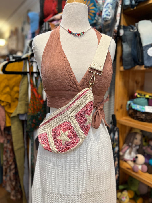 Hand Crochet Crossbody Adjustable Bag Pink Star