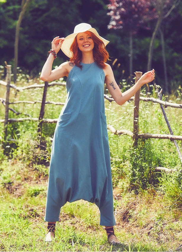 Halter Neck Zipper Back Closure Jumpsuit Pants Blue