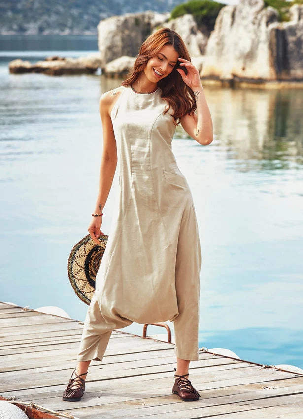 Halter Neck Zipper Back Closure Jumpsuit Pants Creme Color