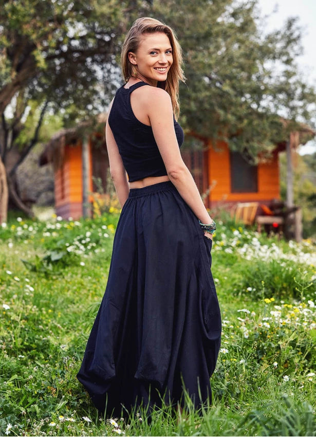Oversize Pockets Elastic Waist Black Skirt