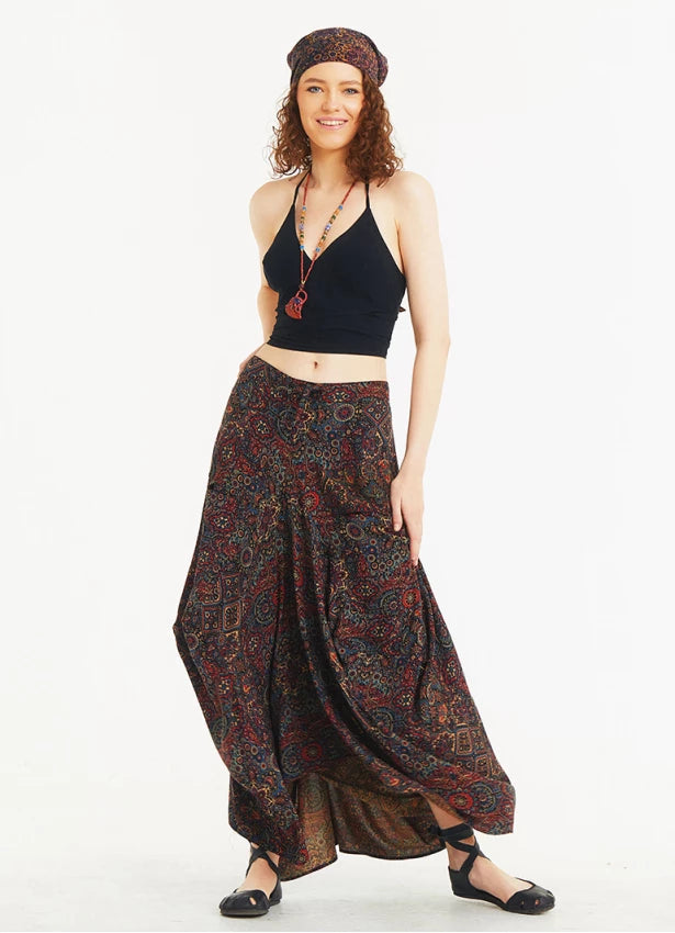 Tie Waist Pocket Detail Long Skirt - Ethnic Patterned