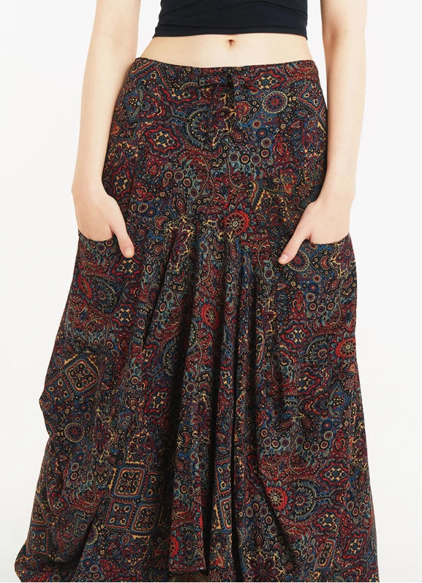 Tie Waist Pocket Detail Long Skirt - Ethnic Patterned
