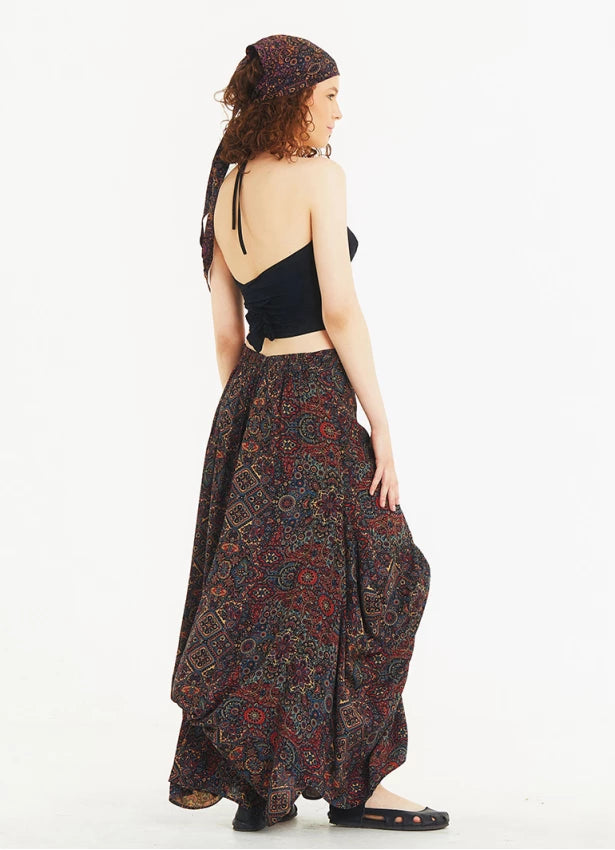 Tie Waist Pocket Detail Long Skirt - Ethnic Patterned