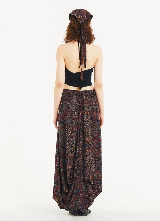 Tie Waist Pocket Detail Long Skirt - Ethnic Patterned