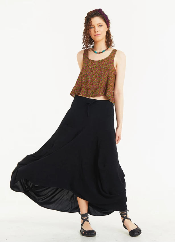 Tie Waist Pocket Detail Black Long Skirt