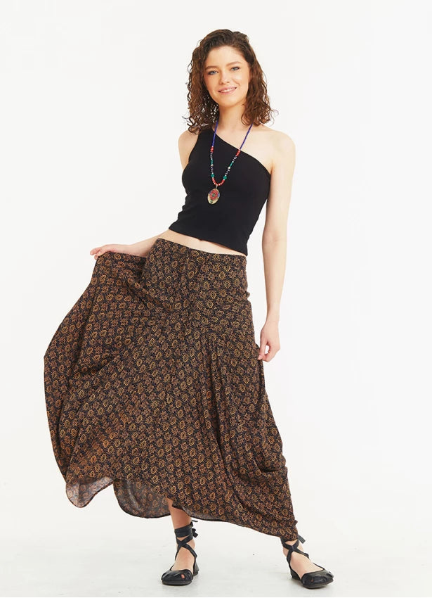 Tie Waist Pocket Detail Long Skirt Brown Black