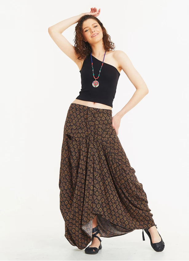 Tie Waist Pocket Detail Long Skirt Brown Black