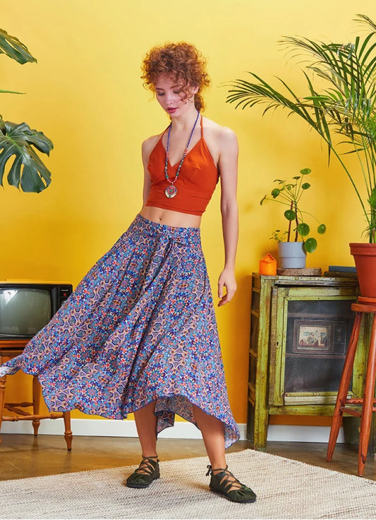 Tie Waist Asymmetrical Hem Detailed Boho Chic Flowy Midi Skirt Multicolor
