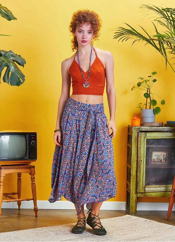 Tie Waist Asymmetrical Hem Detailed Boho Chic Flowy Midi Skirt Multicolor
