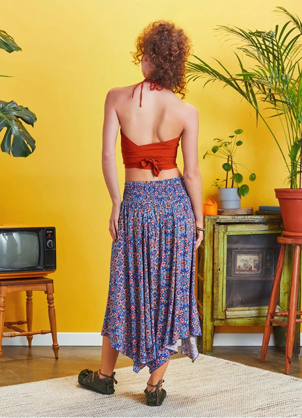 Tie Waist Asymmetrical Hem Detailed Boho Chic Flowy Midi Skirt Multicolor
