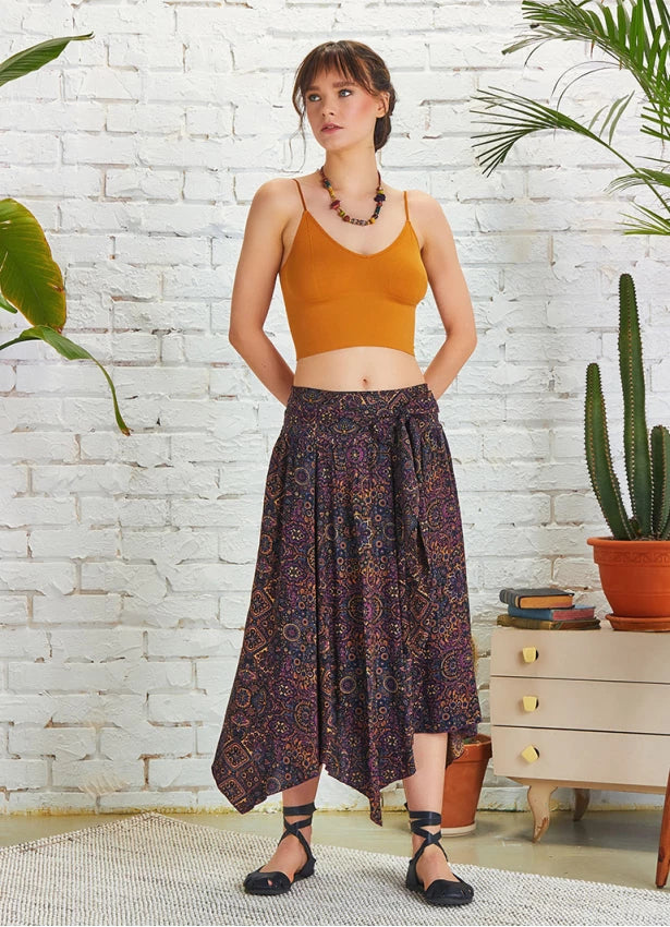 Tie Waist Asymmetrical Hem Detailed Boho Chic Flowy Midi Skirt Ethnic Print
