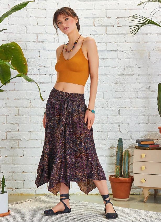 Tie Waist Asymmetrical Hem Detailed Boho Chic Flowy Midi Skirt Ethnic Print