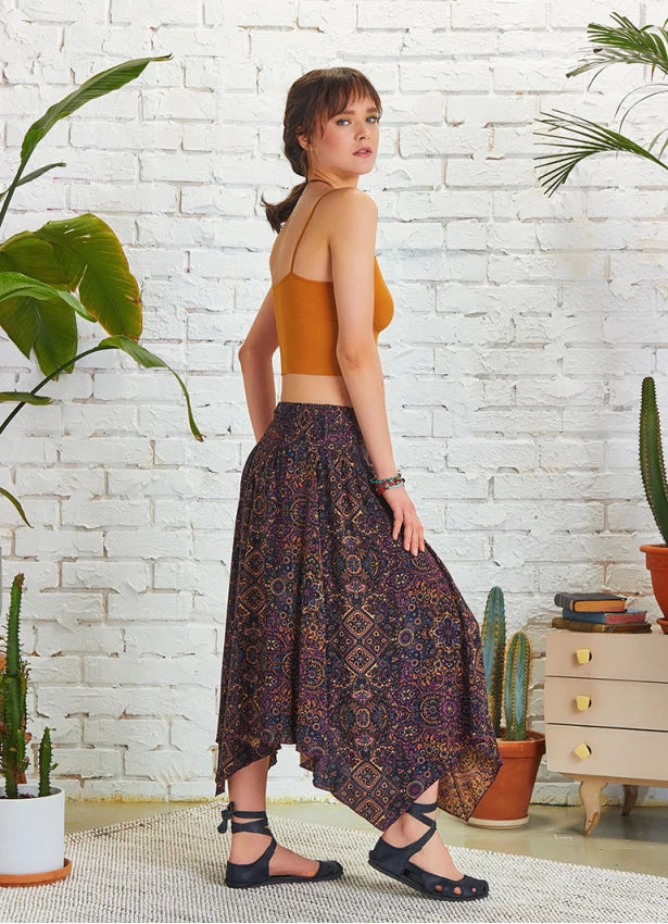 Tie Waist Asymmetrical Hem Detailed Boho Chic Flowy Midi Skirt Ethnic Print