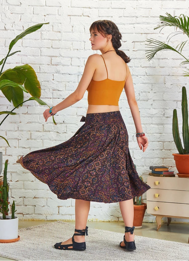 Tie Waist Asymmetrical Hem Detailed Boho Chic Flowy Midi Skirt Ethnic Print