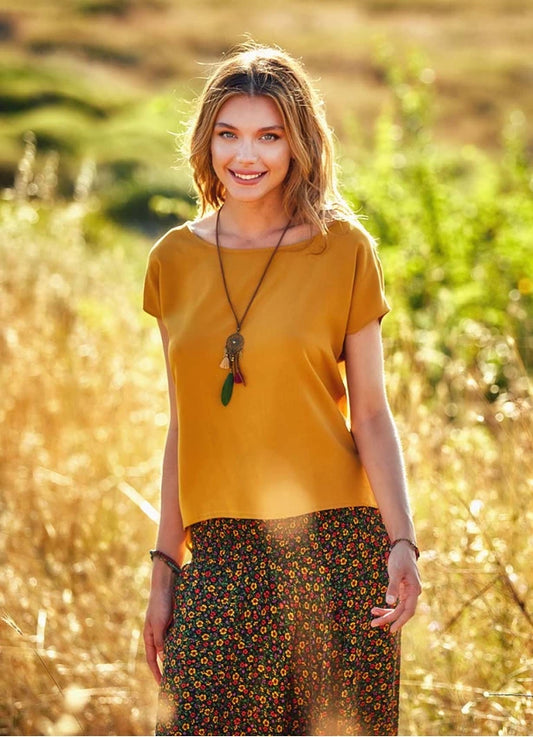 Casual Yellow Blouse with Boat Neck Button Detail